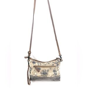 Myra Bag Gray Tan Floral Fabric Leather Trim Small Crossbody Bag Wristlet Strap